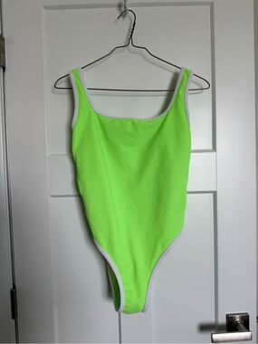 LainSnow Neon Lime One-Piece Swimsuit with White Trim made in USA